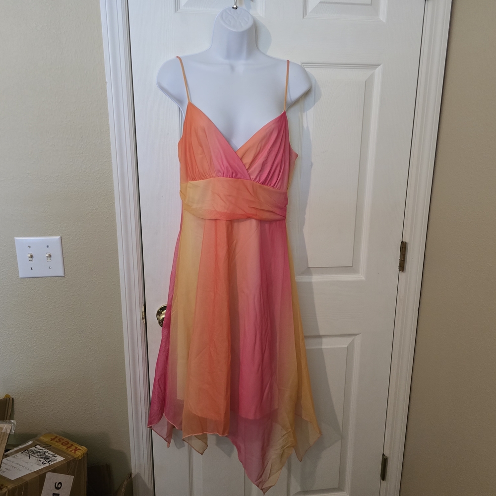 Source Unknown Pink and Orange Asymmetrical Ruched Sundress